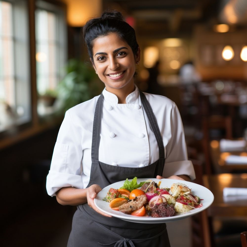 South Asian chef women smiling holding plate. AI generated Image by rawpixel.