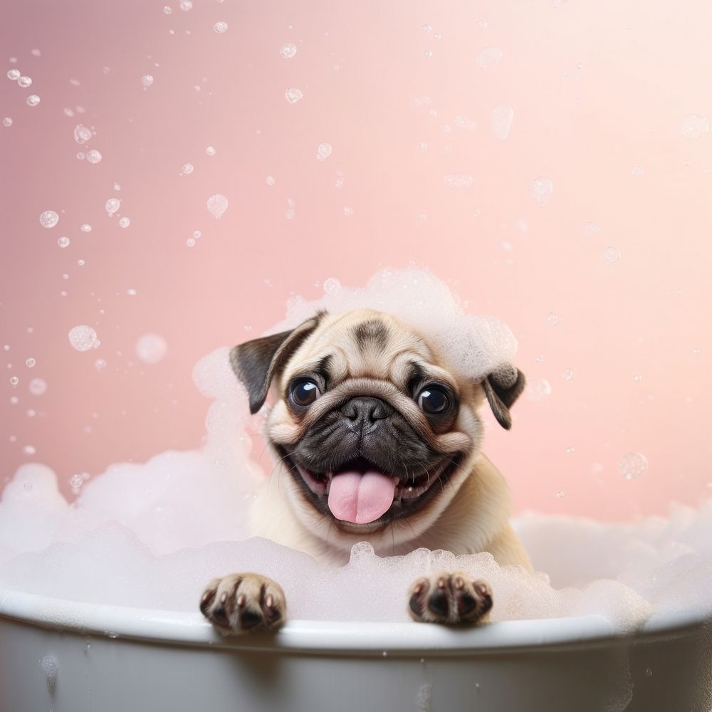 Pug dog portrait bathtub. 