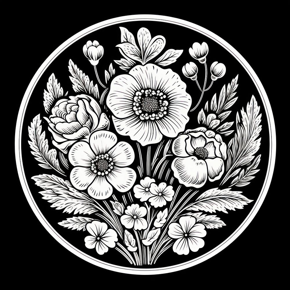 Flower bouquet in circle frame pattern drawing white. AI generated Image by rawpixel.