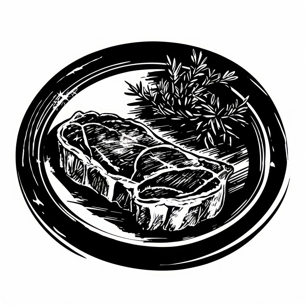 Steak on a plate drawing sketch black. AI generated Image by rawpixel.