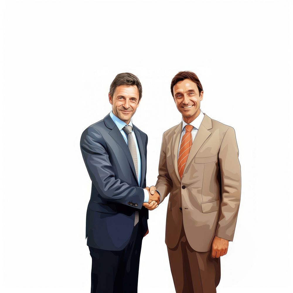 2 business men shaking hand adult white background togetherness. AI generated Image by rawpixel.