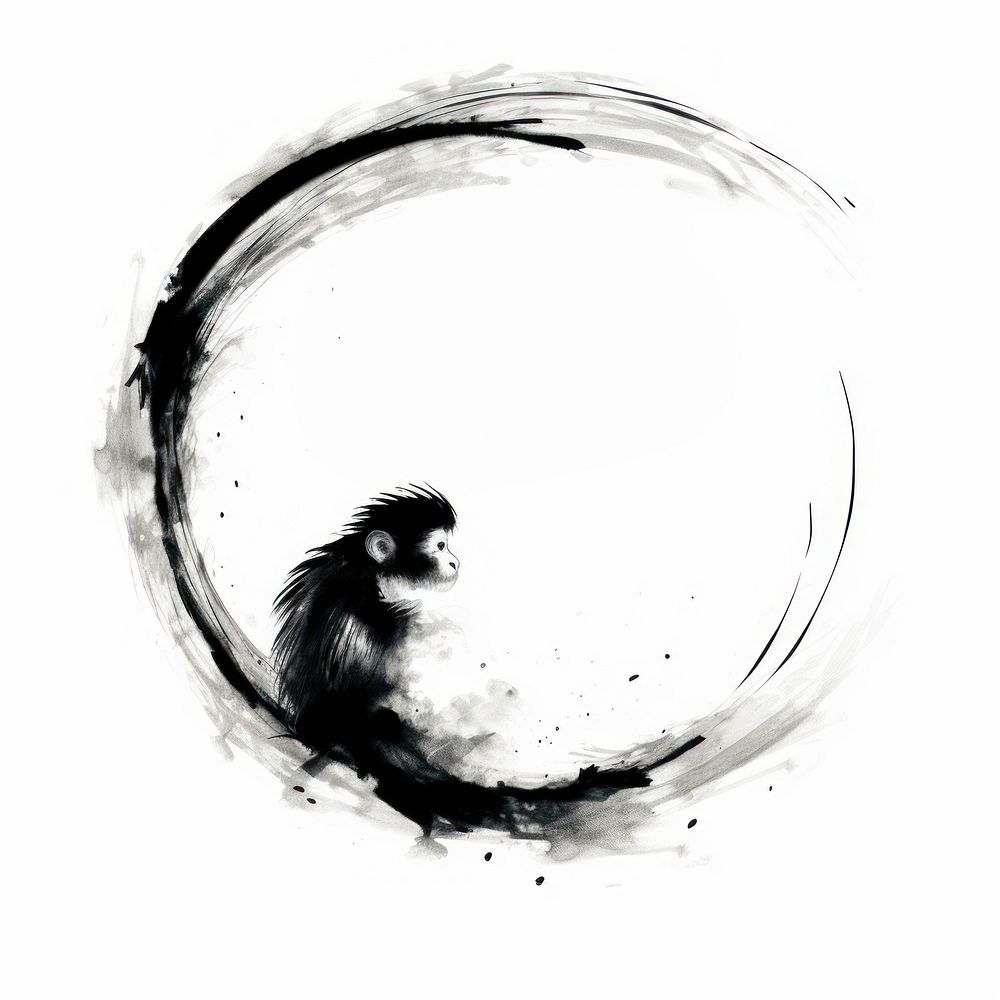 Monkey head chinese zodiac circle black ink. AI generated Image by rawpixel.
