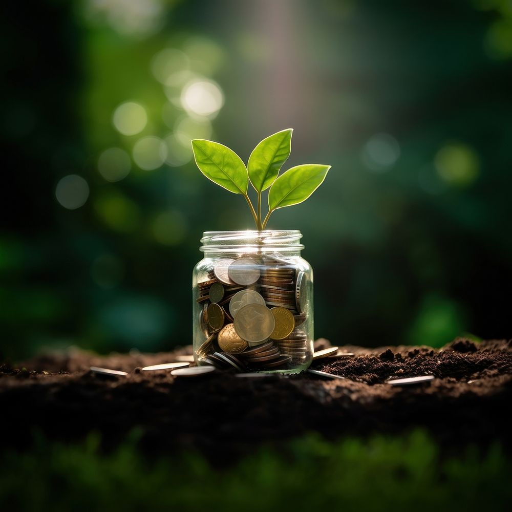 A green little plant in jar full of coins leaf investment currency. AI generated Image by rawpixel.