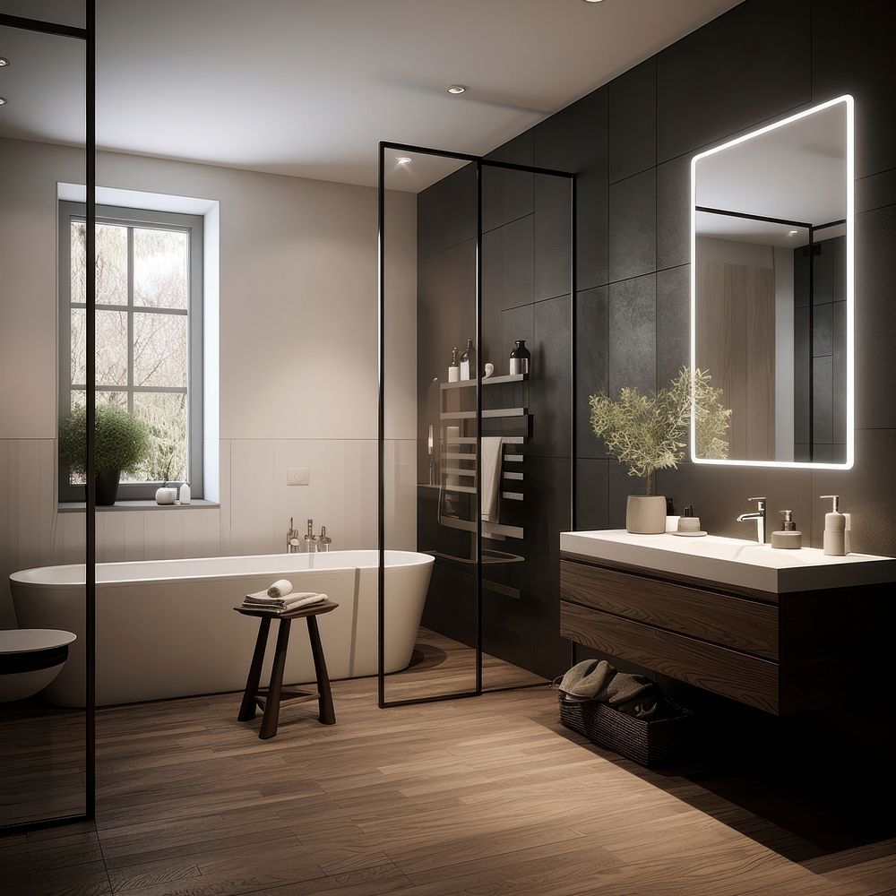 Nordic apartment bathroom bathtub indoors. AI generated Image by rawpixel.
