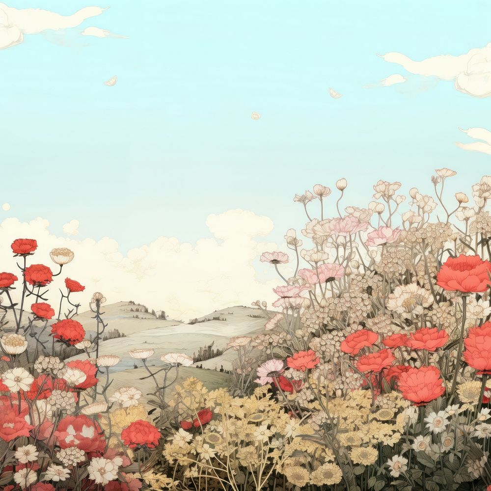 Vintage flower garden in long shot plant art tranquility. AI generated Image by rawpixel.