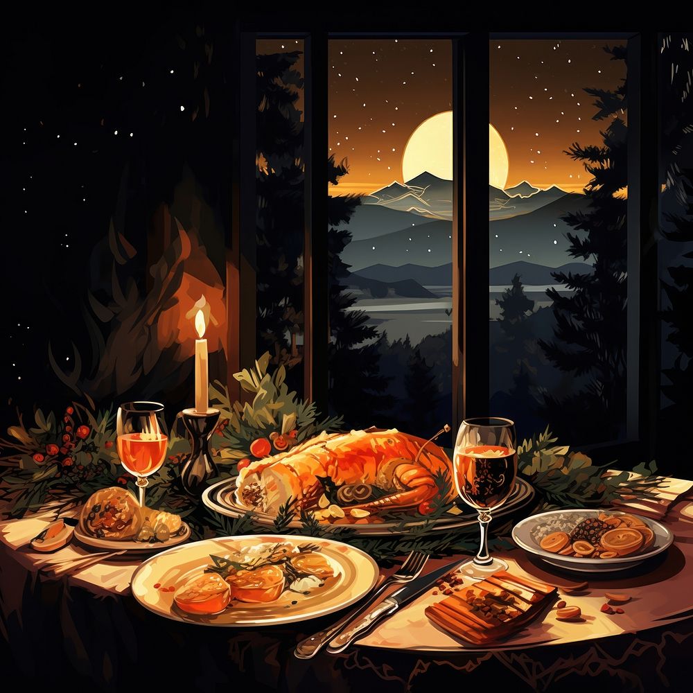 Illustration of festive dinner restaurant table glass. AI generated Image by rawpixel.