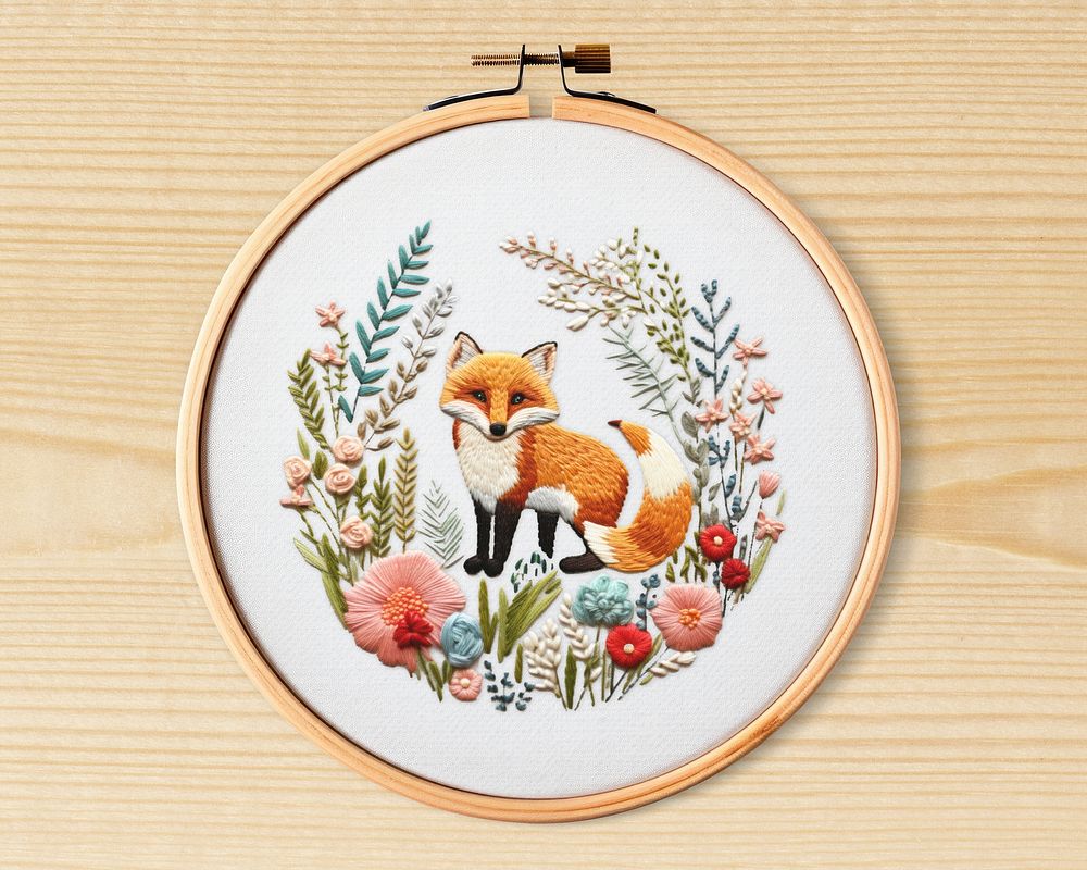 Fox embroidery hoop flat lay