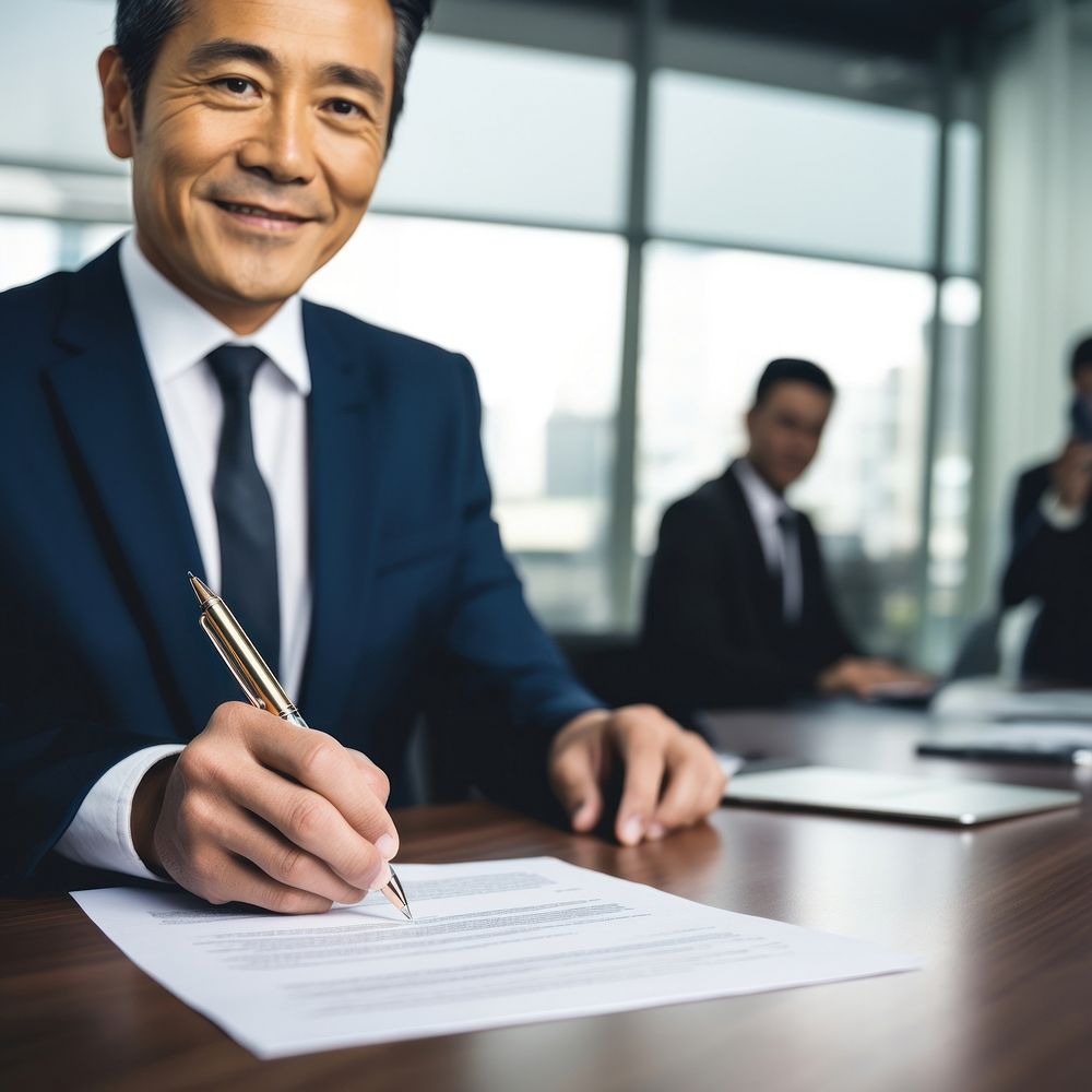 An Eastern Asian businessman has a sign agreement in meeting room document adult pen. AI generated Image by rawpixel.