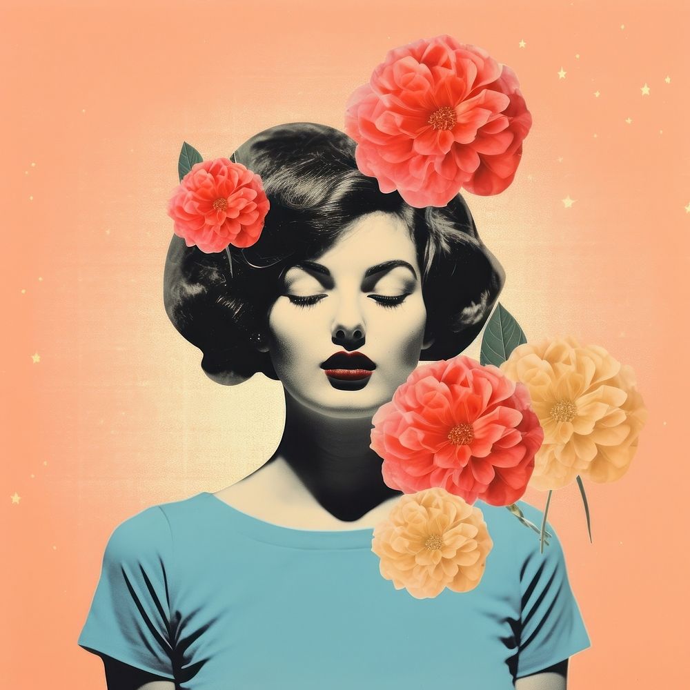 Collage Retro dreamy of a woman with a beautyful flower portrait plant adult. AI generated Image by rawpixel.