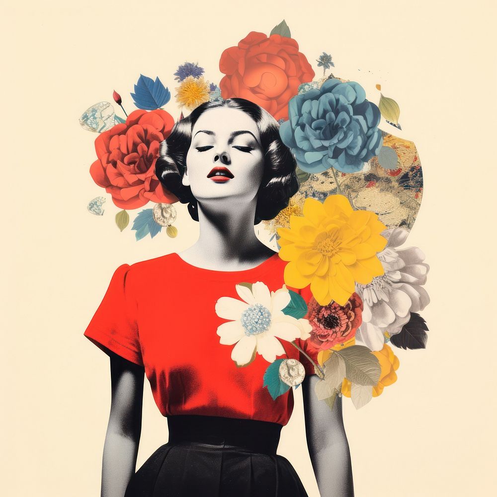 Collage Retro dreamy of a woman with a beautyful flower portrait painting plant. AI generated Image by rawpixel.