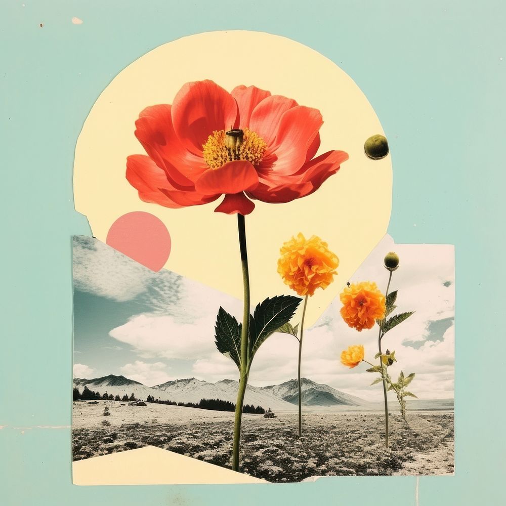 Collage Retro dreamy of flower minimal outdoors poppy plant. AI generated Image by rawpixel.
