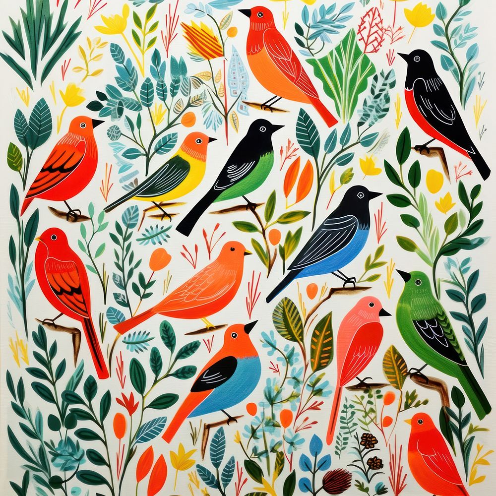 Many tropical birds flying painting pattern drawing. AI generated Image by rawpixel.