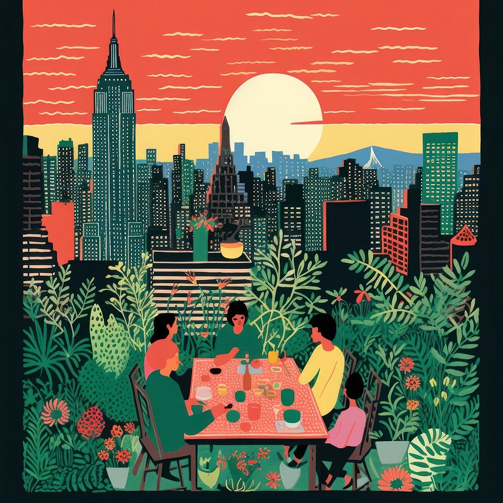 New york rooftop party outdoors poster city. AI generated Image by rawpixel.