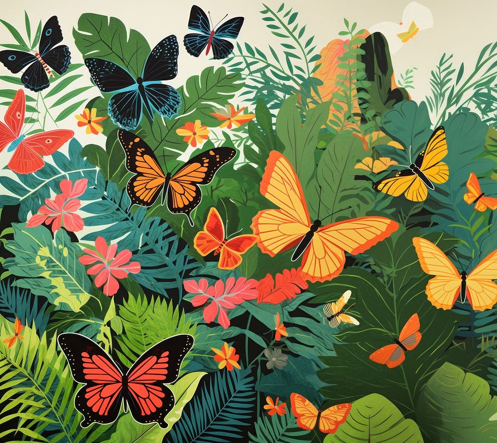 Butterflies in a tropical forrest butterfly outdoors painting. AI generated Image by rawpixel.