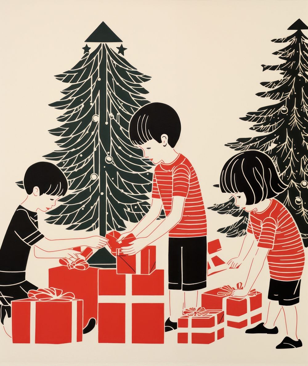 Children opening christmas presents drawing art togetherness. AI generated Image by rawpixel.