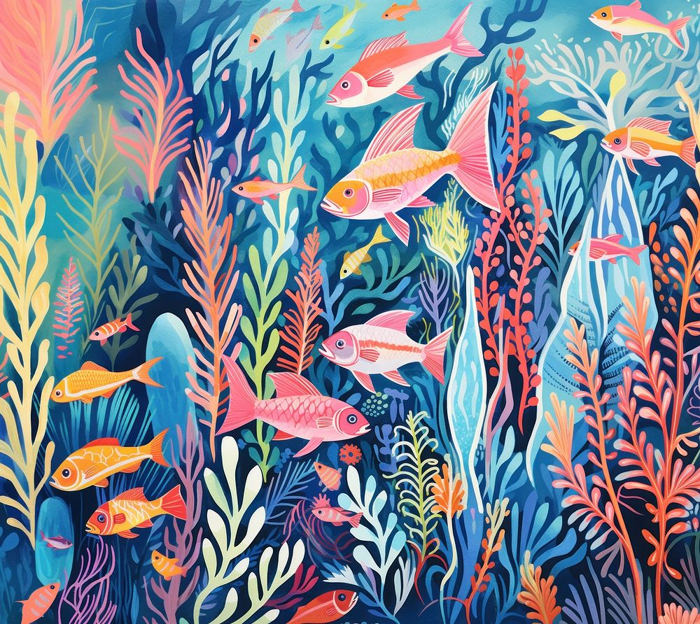 Colorful fishes coral reef tropical nature painting outdoors. AI generated Image by rawpixel.