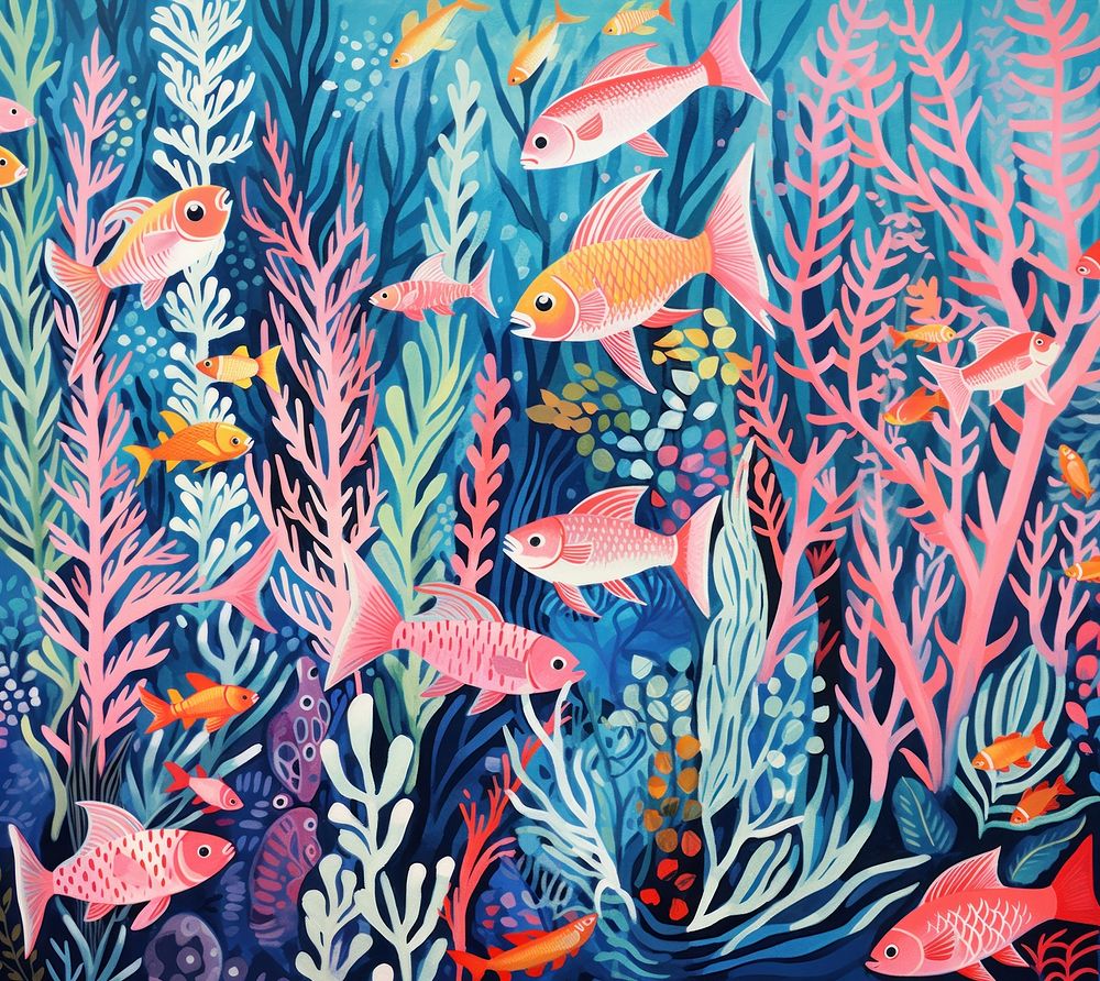 Colorful fishes coral reef tropical nature painting outdoors. AI generated Image by rawpixel.