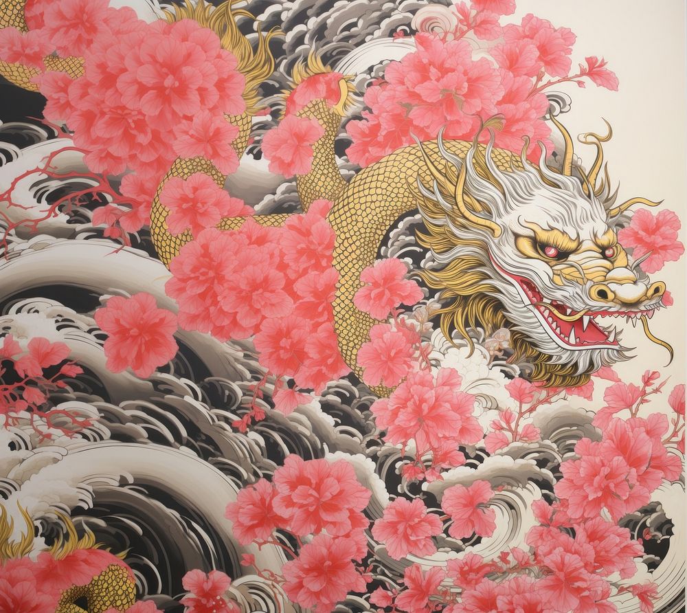 Gold and silver and pink chinese dragon pattern nature art. AI generated Image by rawpixel.