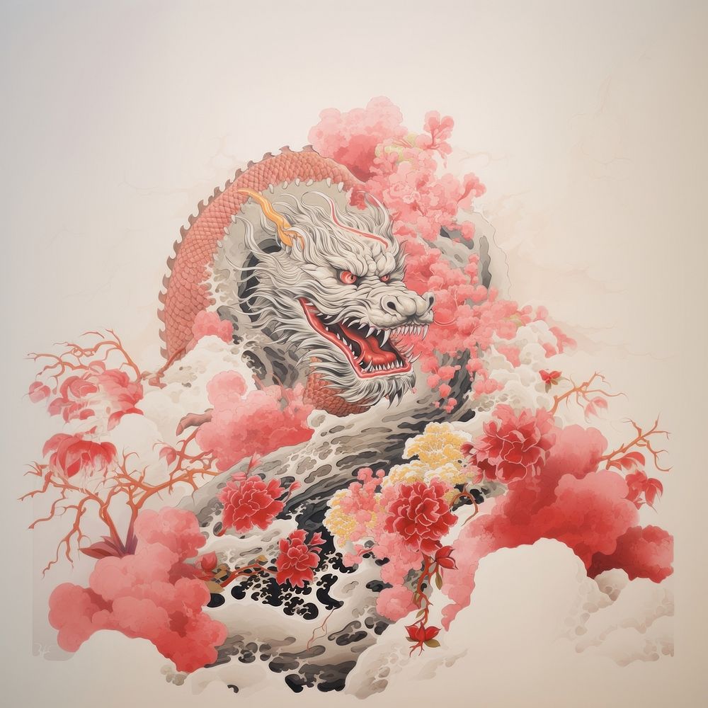 Gold and silver and pink chinese dragon drawing nature art. 