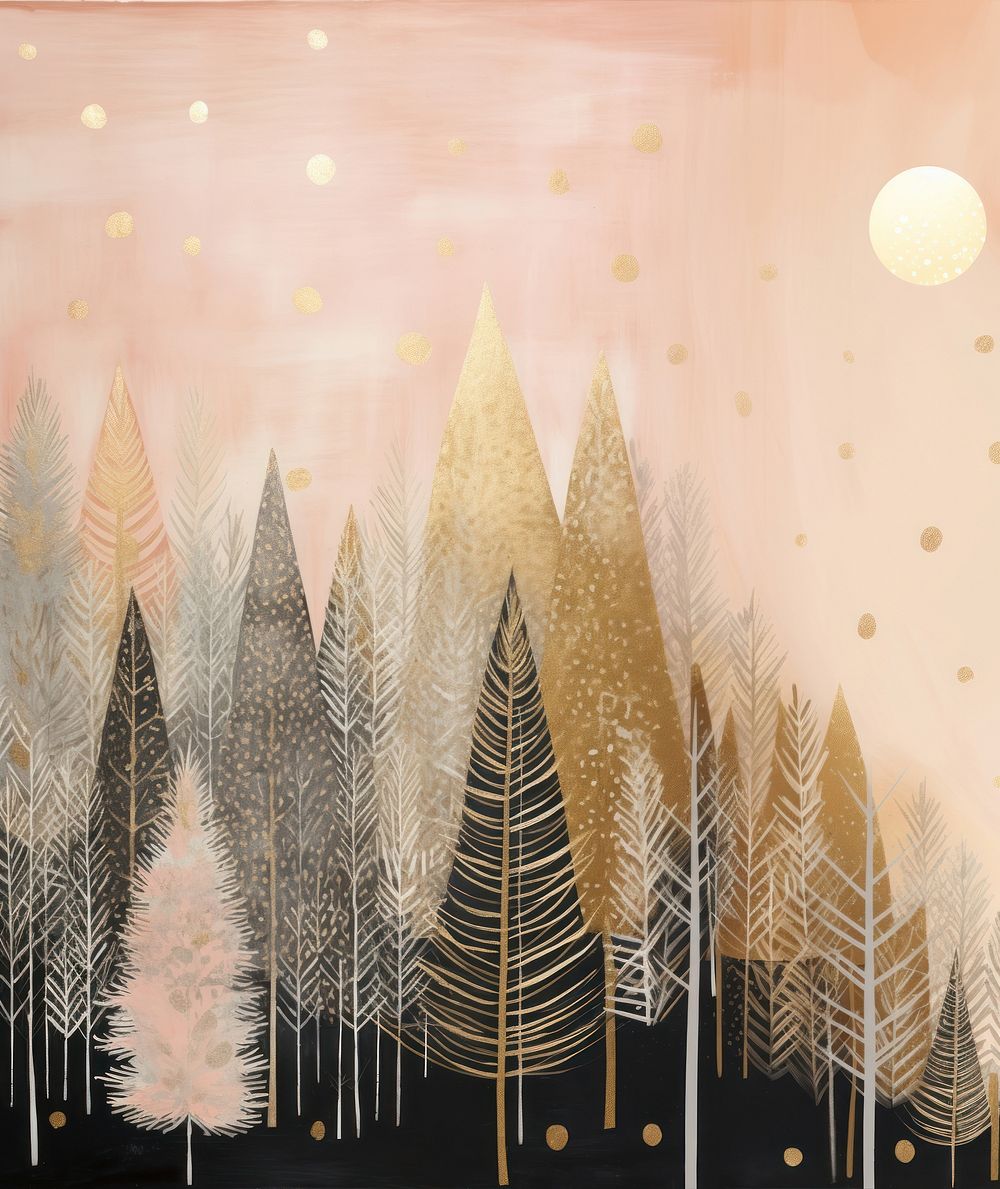 Gold and silver and pink christmas trees painting nature plant. AI generated Image by rawpixel.