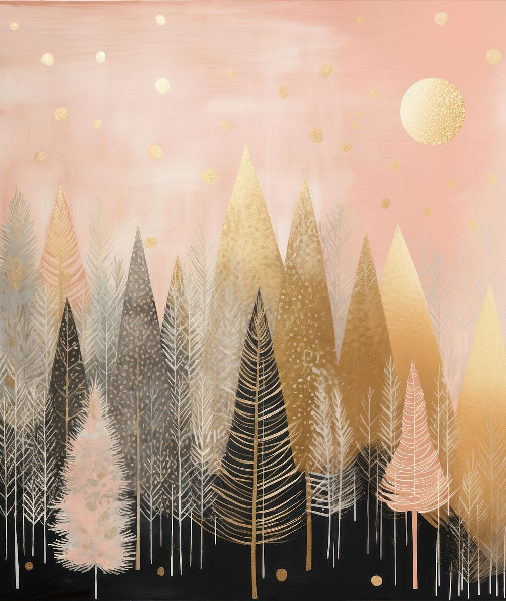 Gold and silver and pink christmas trees painting nature tranquility. AI generated Image by rawpixel.