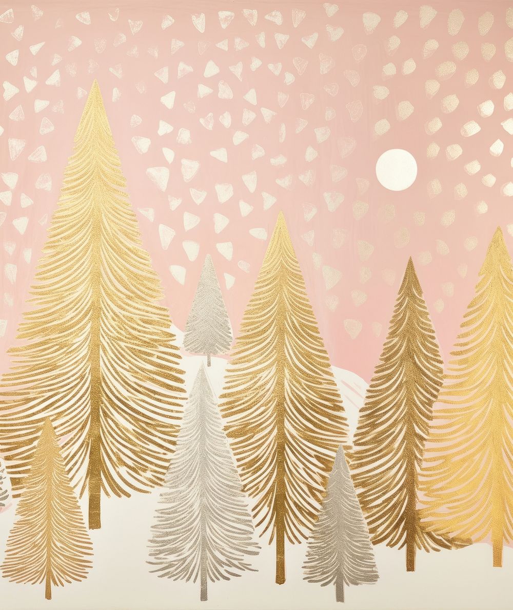 Gold and silver and pink christmas trees painting drawing nature. AI generated Image by rawpixel.