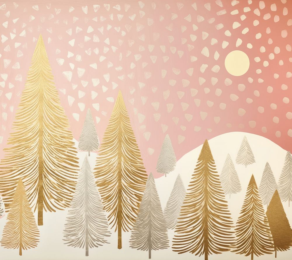 Gold and silver and pink christmas trees painting pattern drawing. AI generated Image by rawpixel.