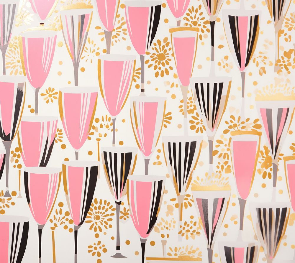 Gold and silver and pink many champagne glasses pattern line art. 