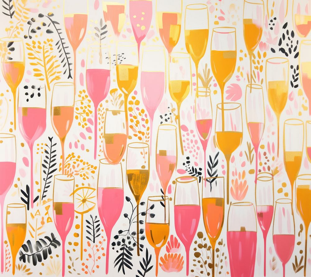 Gold and silver and pink many champagne glasses pattern drawing art. AI generated Image by rawpixel.
