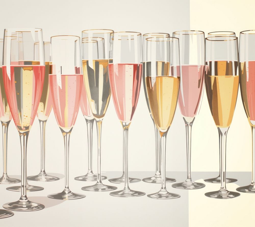 Gold and silver and pink many champagne glasses drink refreshment arrangement. AI generated Image by rawpixel.