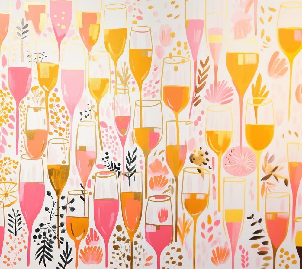 Gold and silver and pink many champagne glasses drawing art backgrounds. AI generated Image by rawpixel.
