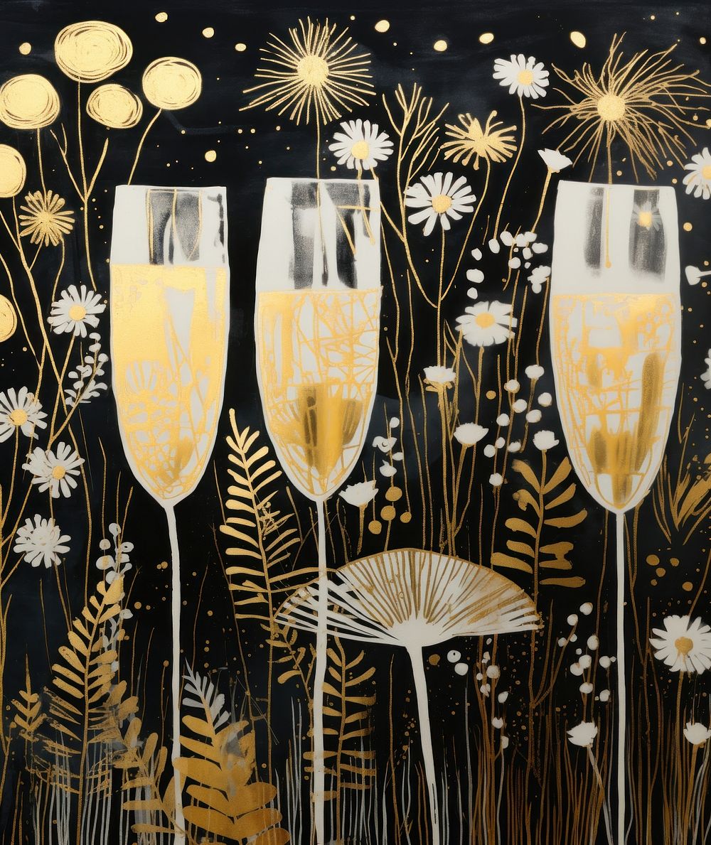 Gold and silver champagne glasses painting nature centrepiece. AI generated Image by rawpixel.