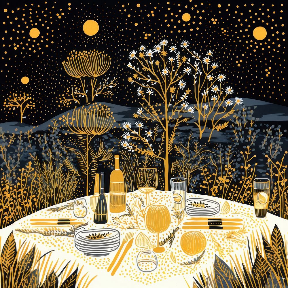 Gold and silver christmas dinner party nature outdoors table. 
