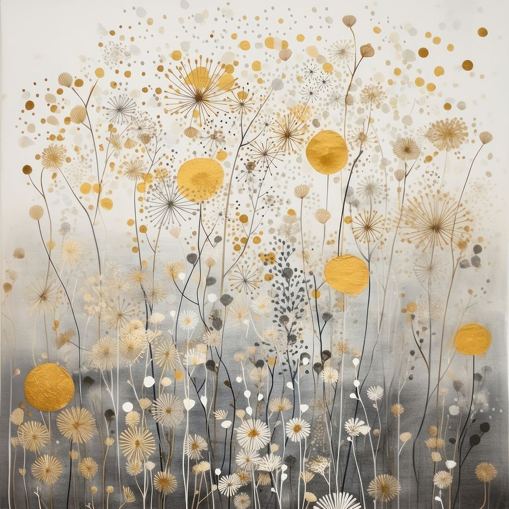 Gold and silver confetti painting drawing flower. 