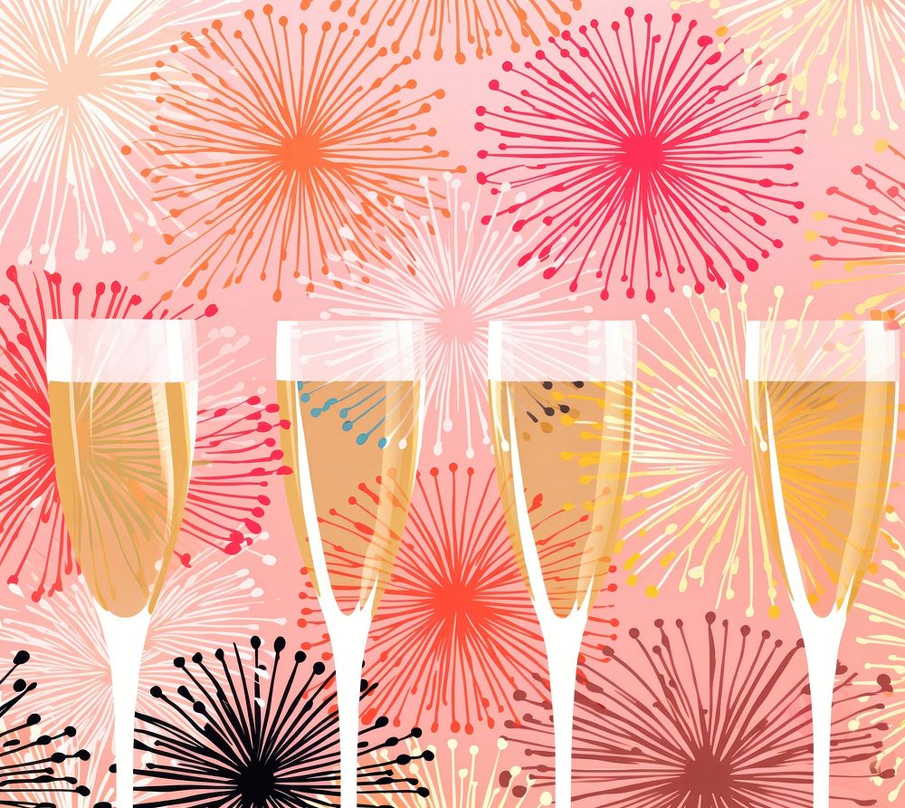 Gold silver pink champagne glasses fireworks pattern happiness line refreshment. AI generated Image by rawpixel.