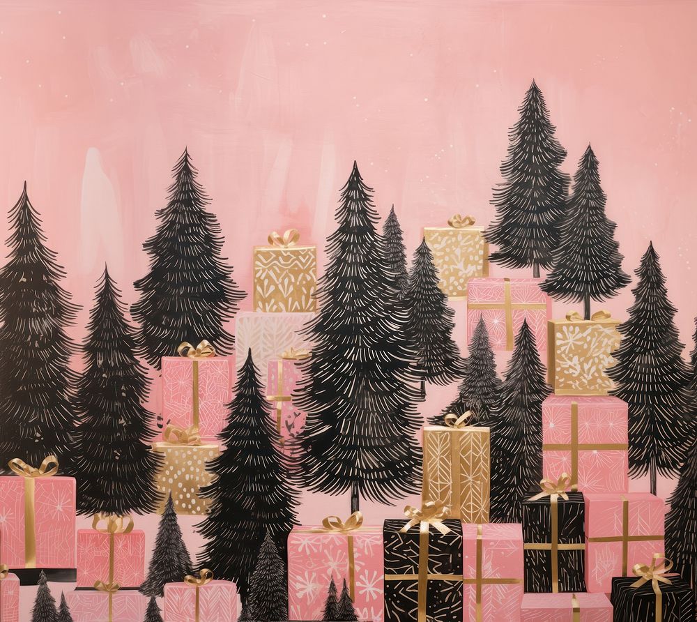 Gold silver pink christmas presents plant tree architecture. AI generated Image by rawpixel.