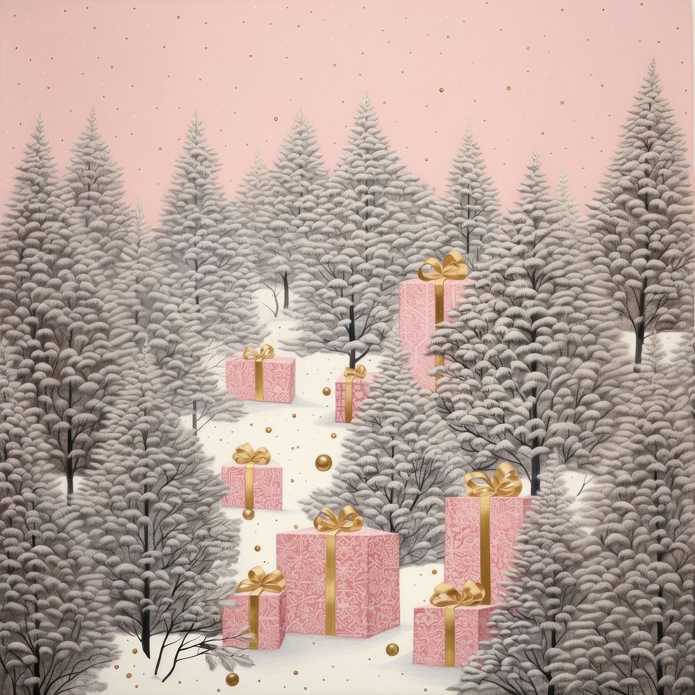 Gold silver pink christmas presents outdoors drawing nature. AI generated Image by rawpixel.