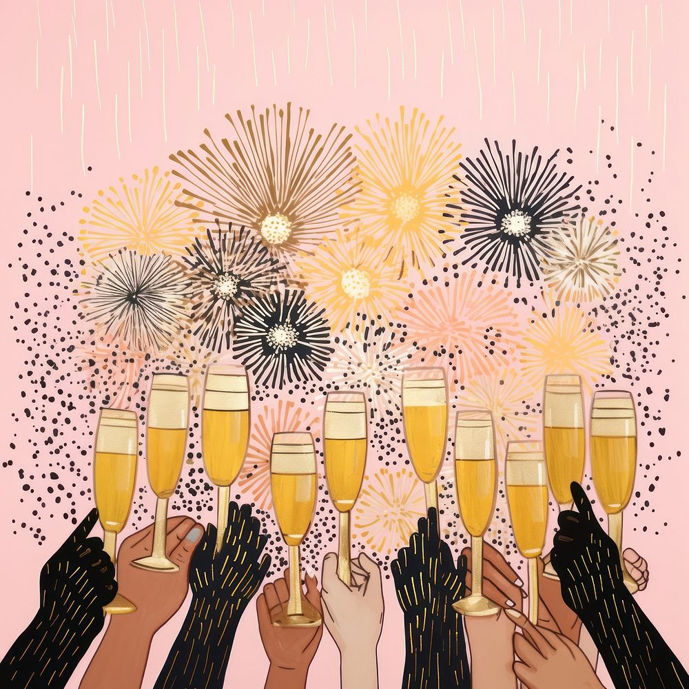 Gold silver pink hands many champagne glasses fireworks pattern happiness drawing adult. AI generated Image by rawpixel.