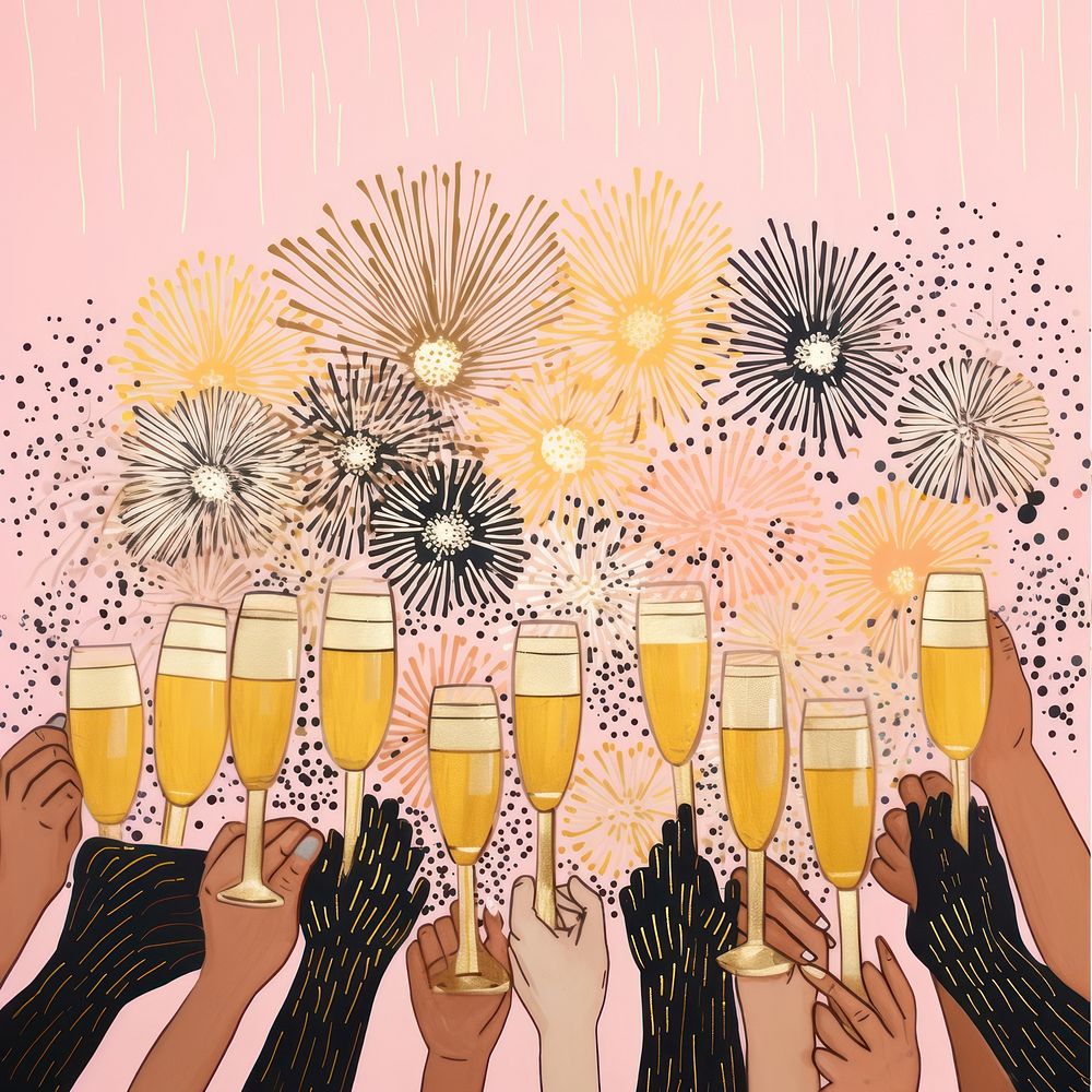 Gold silver pink hands many champagne glasses fireworks pattern happiness drawing party. AI generated Image by rawpixel.