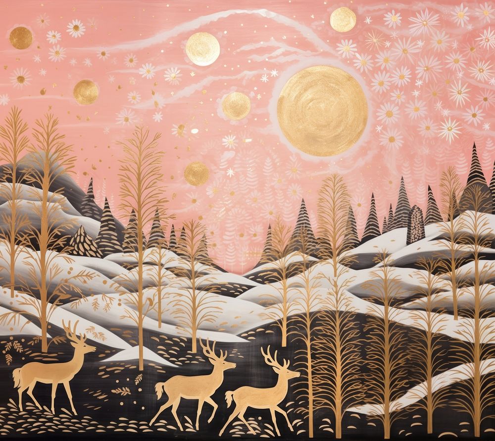 Gold silver pink santas reindeer flying painting nature mammal. AI generated Image by rawpixel.
