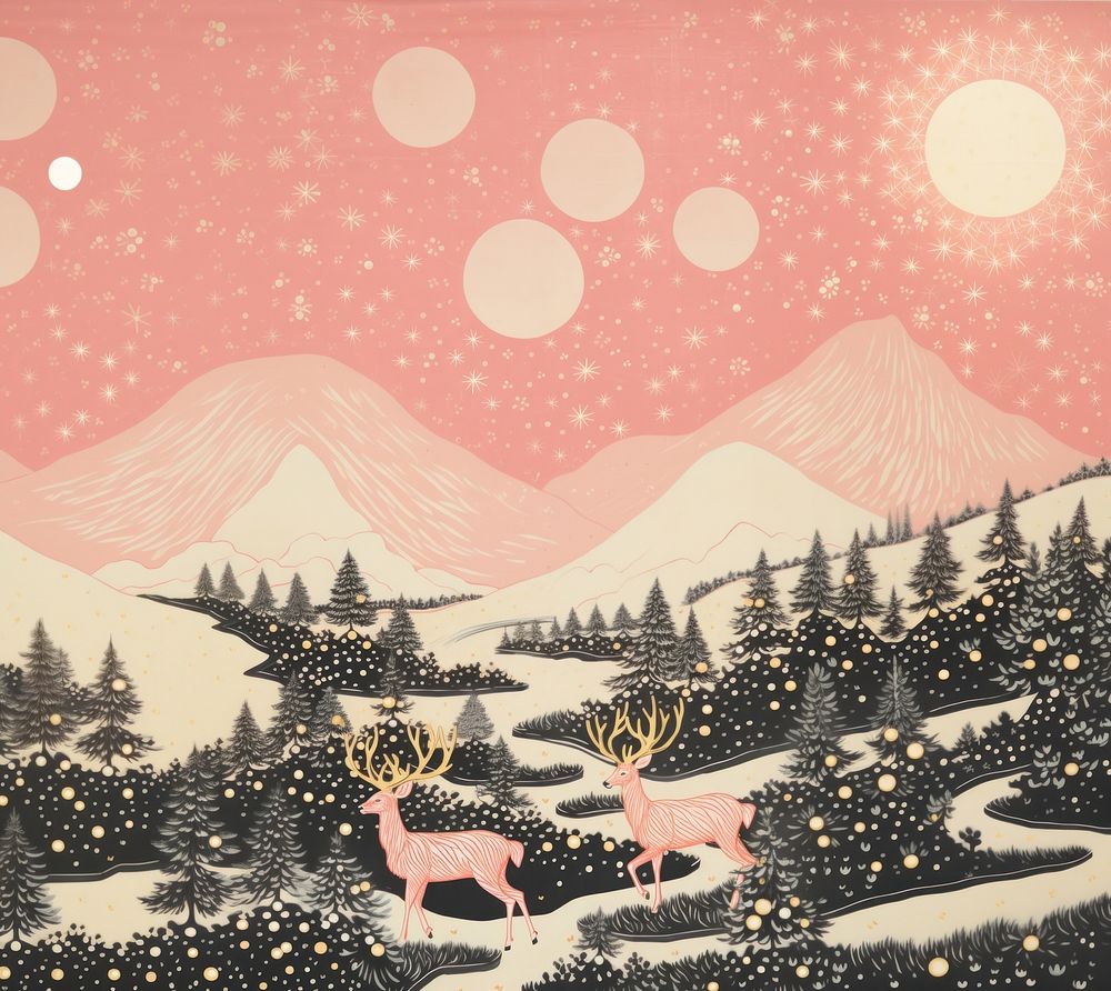 Gold silver pink santas reindeer flying nature mammal plant. AI generated Image by rawpixel.