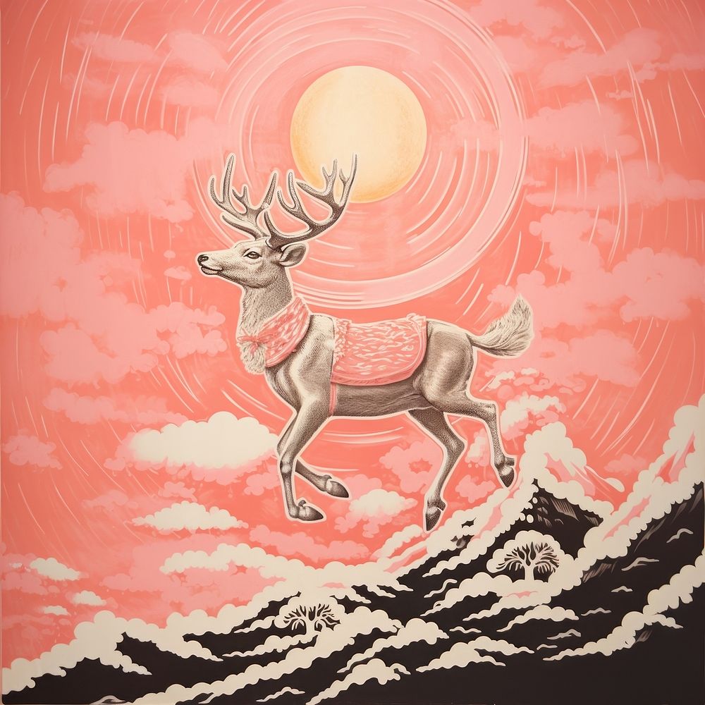 Gold silver pink santas reindeer flying drawing nature mammal. AI generated Image by rawpixel.