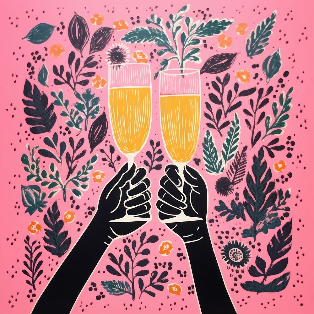 Gold pink silver hands cheers champagne glasses drawing sketch togetherness. AI generated Image by rawpixel.