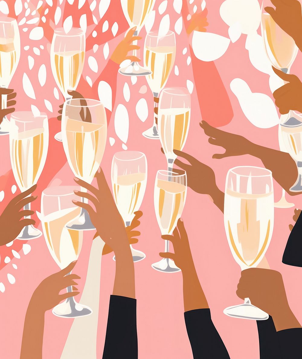 Gold pink silver hands holding many champagne glasses happiness drink party. AI generated Image by rawpixel.