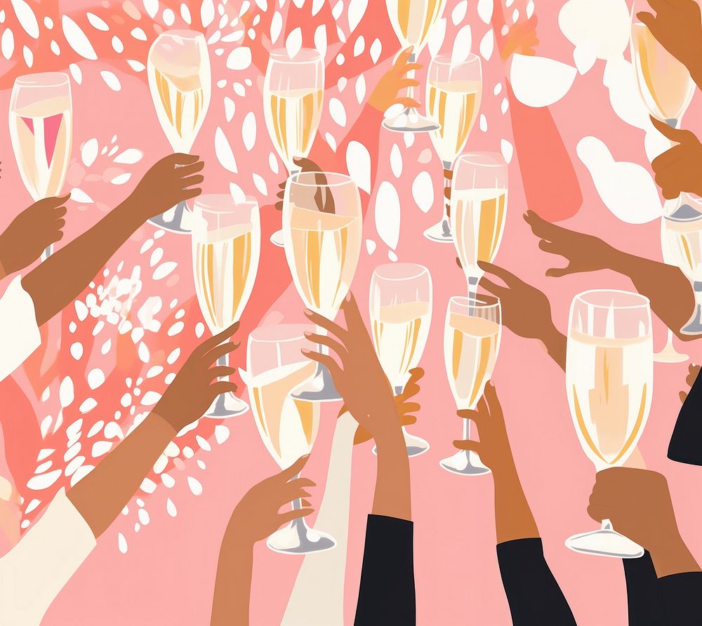 Gold pink silver hands holding many champagne glasses happiness party fun. AI generated Image by rawpixel.