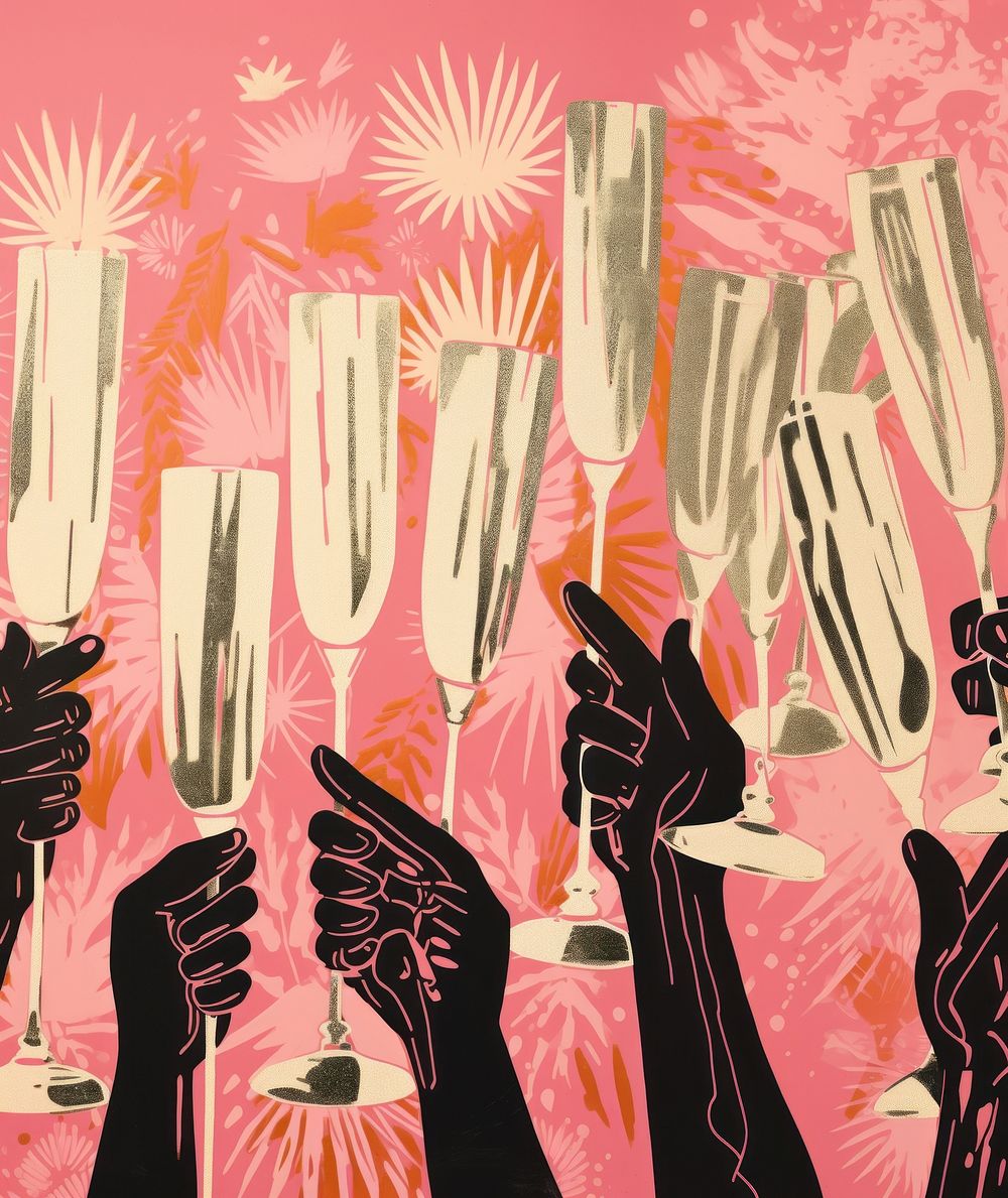 Gold pink silver hands holding many champagne glasses painting art celebration. AI generated Image by rawpixel.