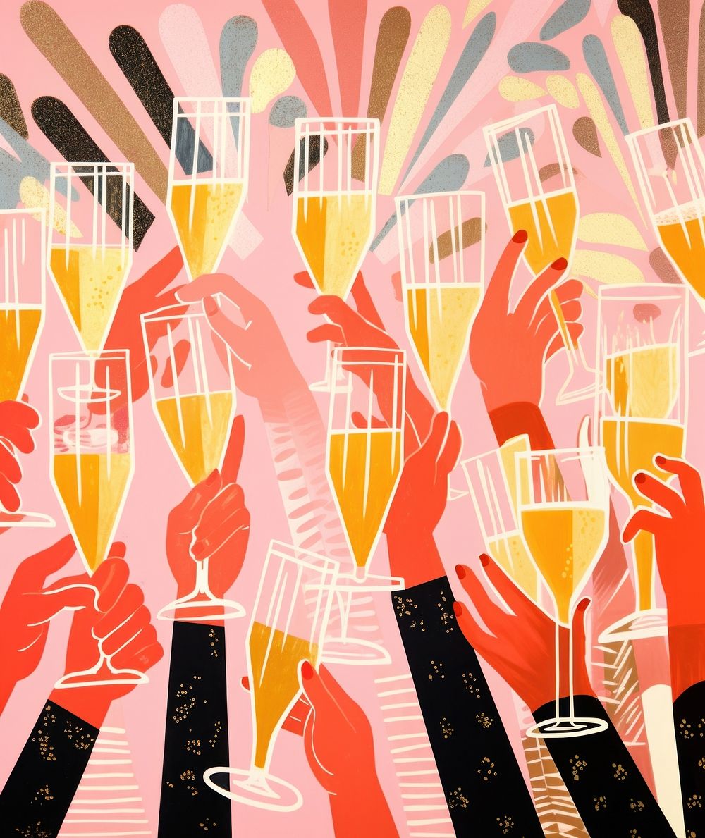 Gold pink silver hands holding many champagne glasses drink celebration refreshment. AI generated Image by rawpixel.