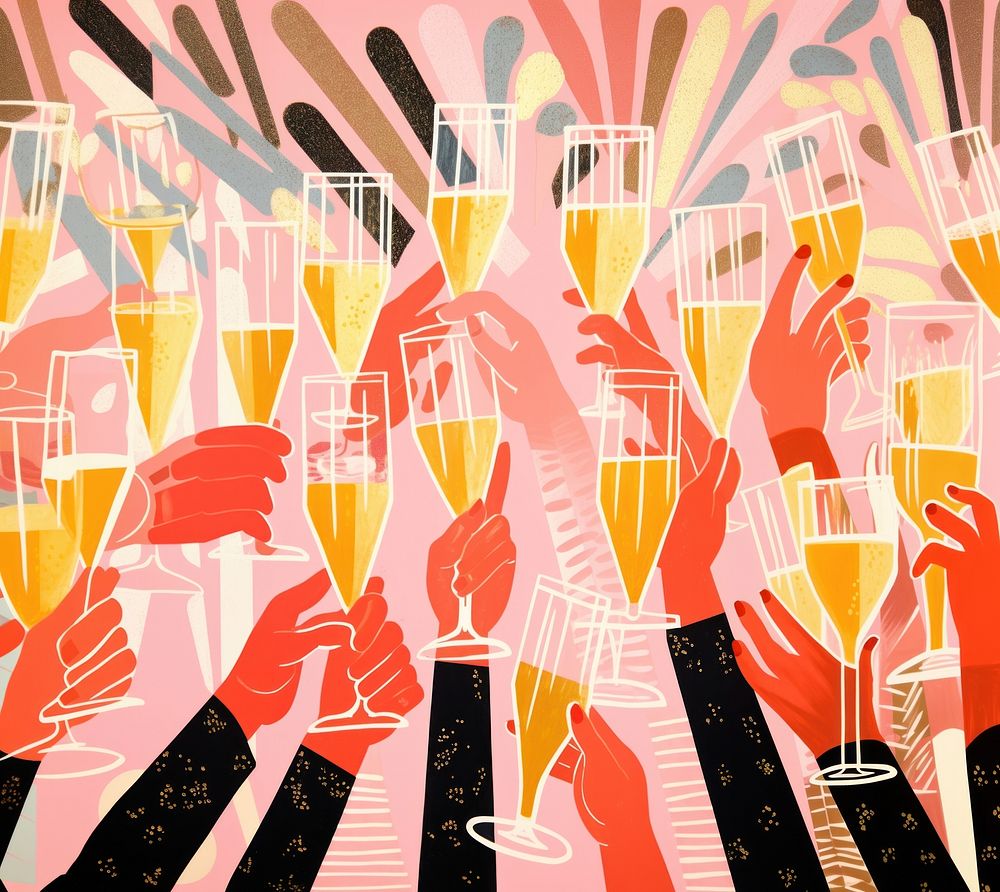Gold pink silver hands holding many champagne glasses celebration backgrounds enjoyment. AI generated Image by rawpixel.