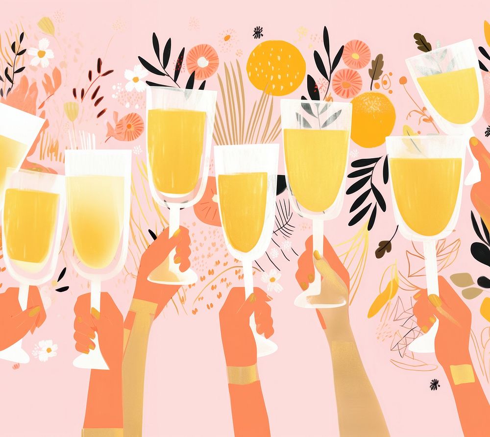 Gold pink silver hands holding many champagne glasses happiness drink refreshment. AI generated Image by rawpixel.