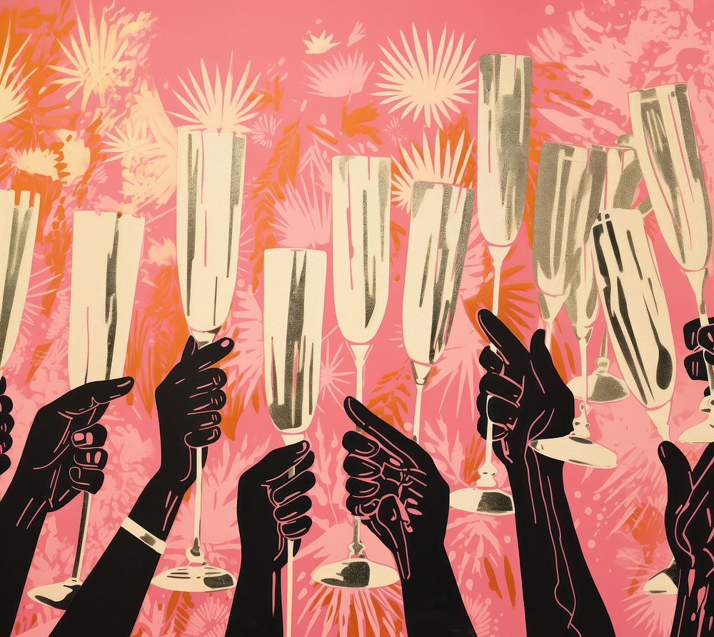 Gold pink silver hands holding many champagne glasses art celebration creativity. AI generated Image by rawpixel.